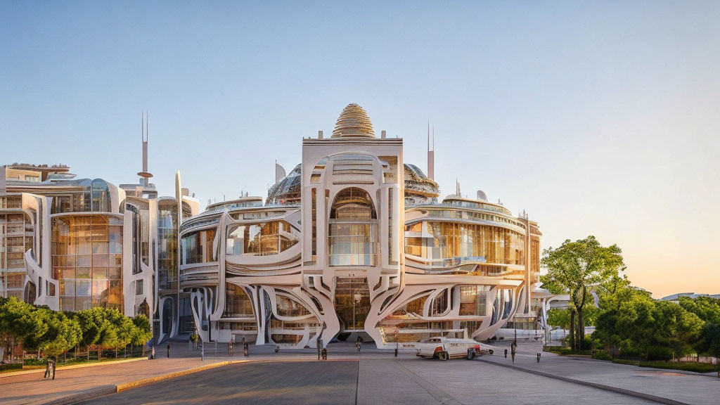 Futuristic white building with curved structures and glass facades at sunrise or sunset