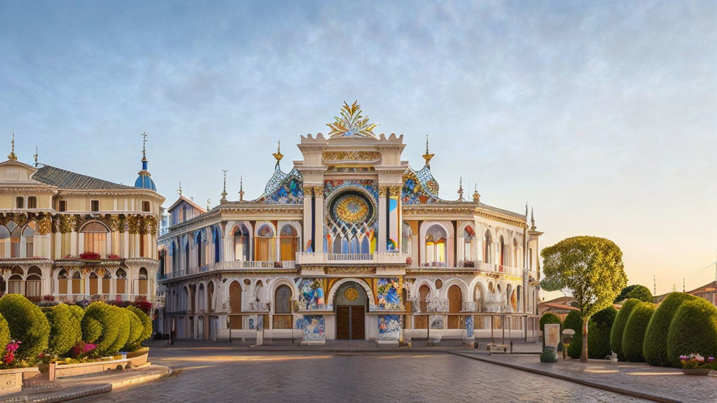 Colorful ornate building with central clock against clear sky at golden hour