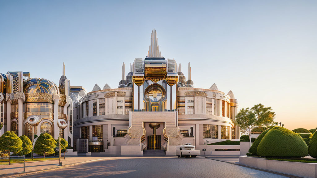 Art Deco and futuristic design in modern building with large windows and gold & silver accents against sunset sky