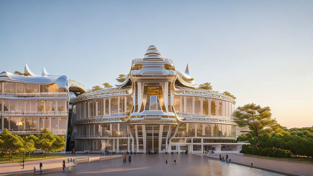 Modern multi-tiered building with reflective glass facade against sunset sky, surrounded by trees and plaza.