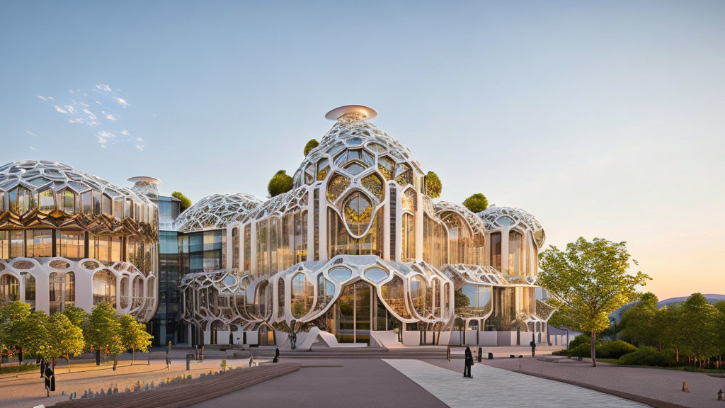 Modern geometric building in a tree-filled plaza