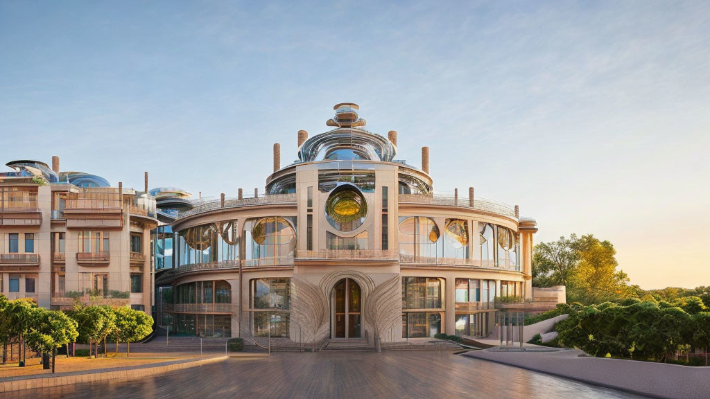 Circular modern building with glass dome, trees, and clear sky at dawn or dusk