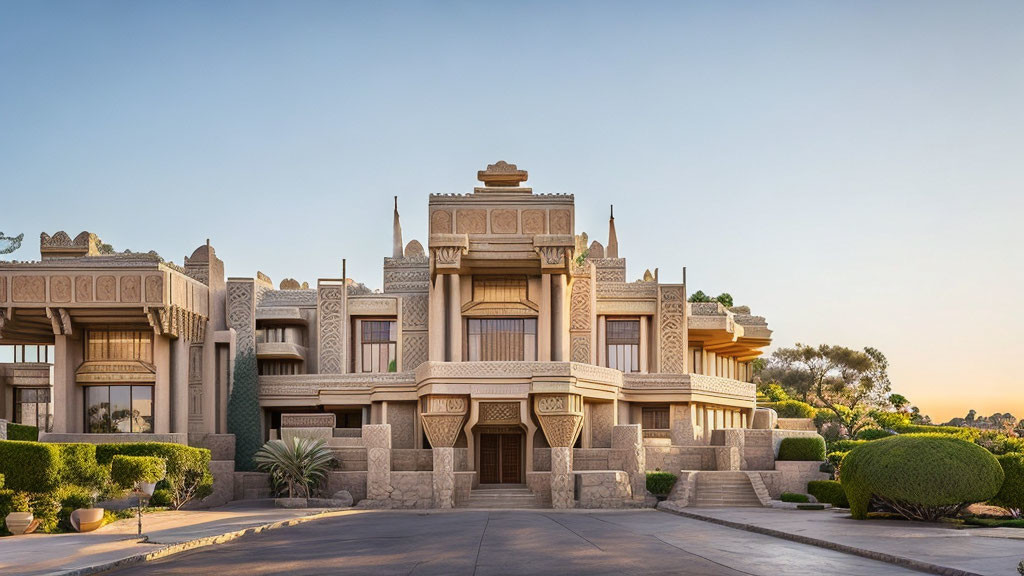 Traditional Mansion with Ornate Stonework and Grand Entrance at Dusk