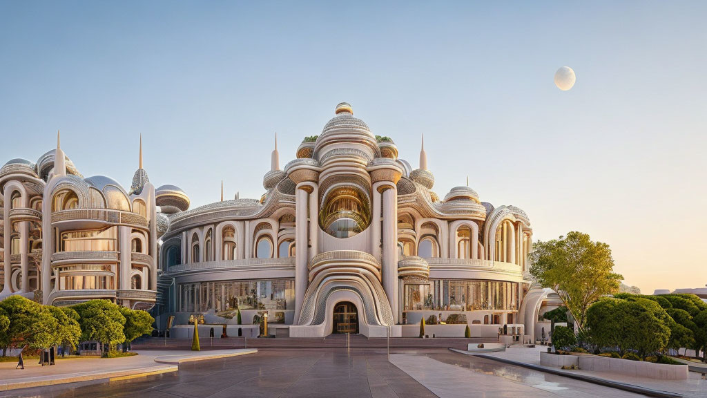 Modern white architecture with domes and arches under moonlit sky