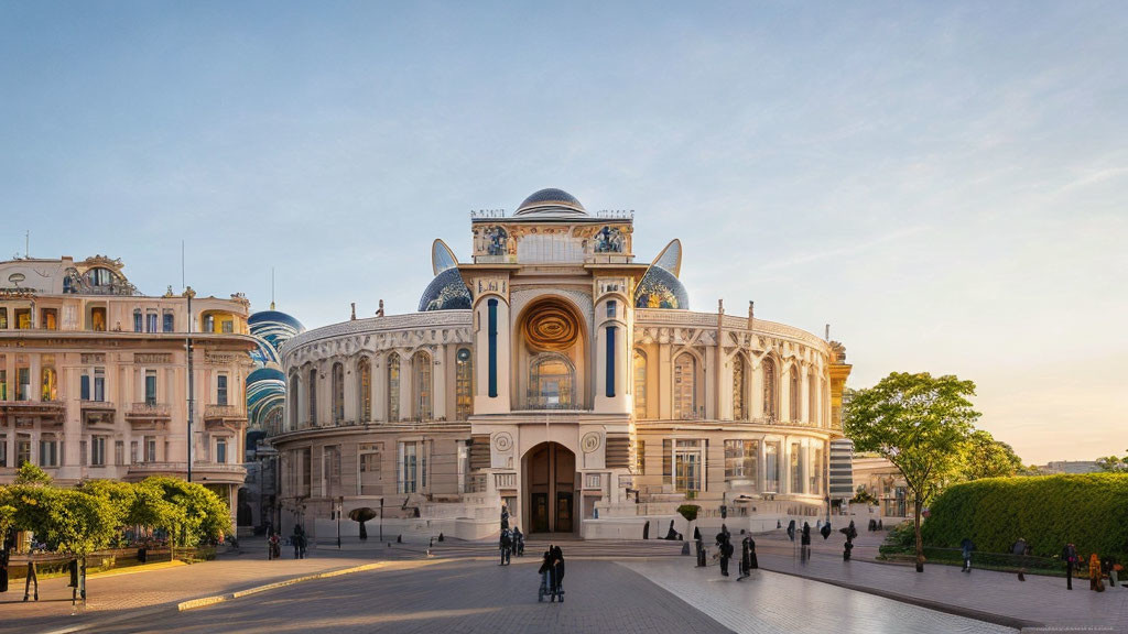 Classical architecture with central dome and pedestrians in soft sunlight