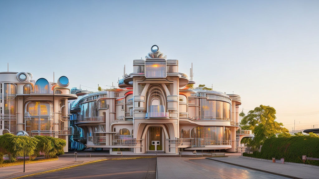 Contemporary rounded buildings with metallic finishes and large glass windows against clear sky at dawn or dusk