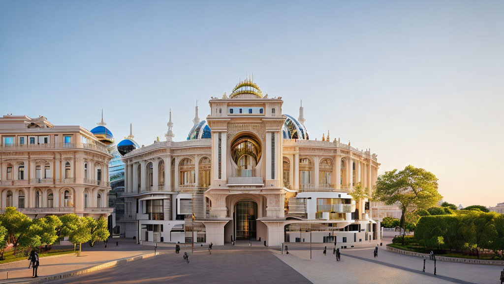 Neoclassical building with grand arch, golden dome, and blue sky above people in square.