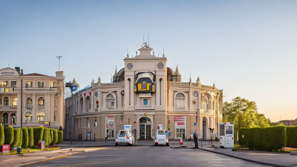 Historic white building with clock tower and buses in front at sunrise or sunset.