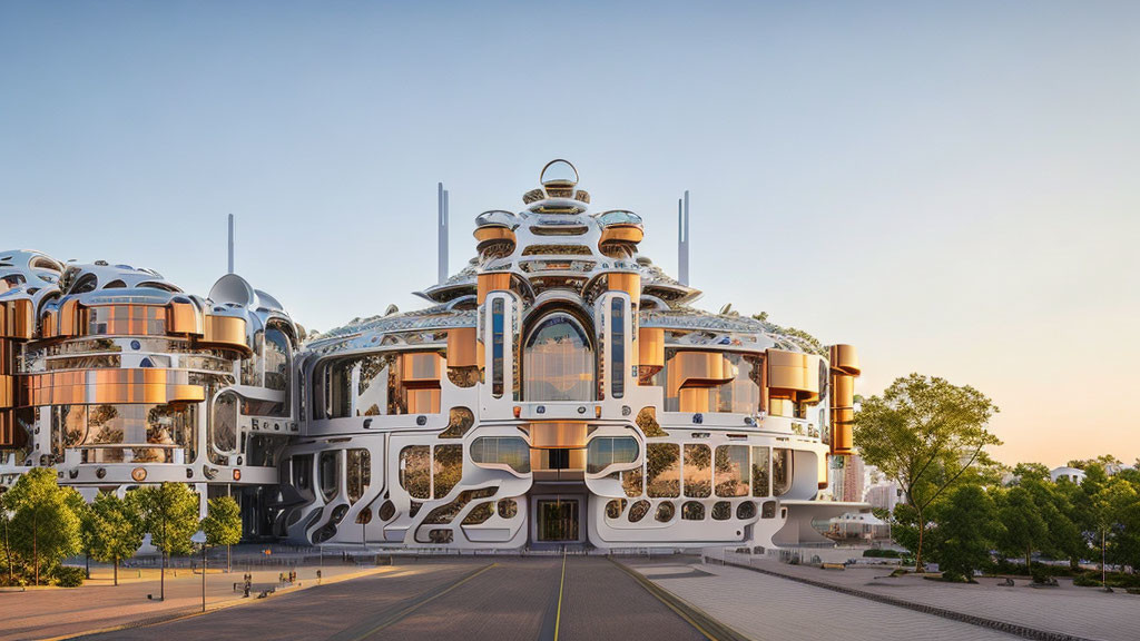 Modern white and bronze building with circular designs and large windows against a clear dusk sky