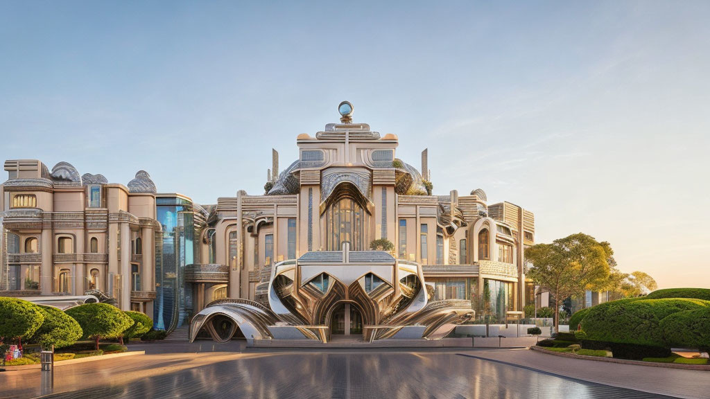 Futuristic building with Art Deco style, curved metallic elements & circular windows