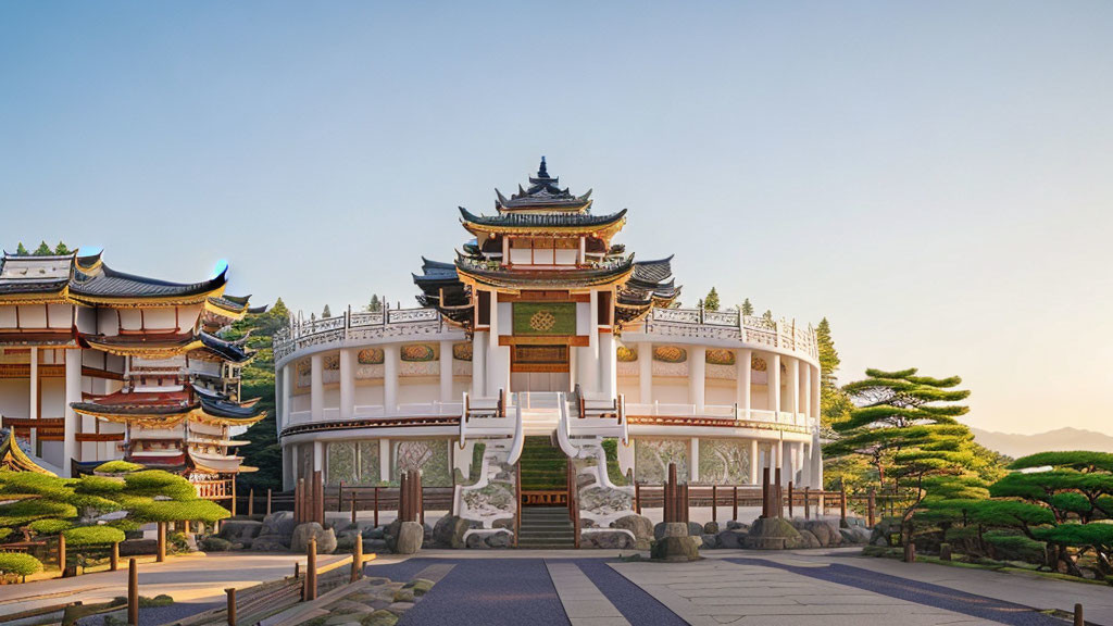 Asian Temple with Multi-Tiered Roofs and Pine Trees at Sunset