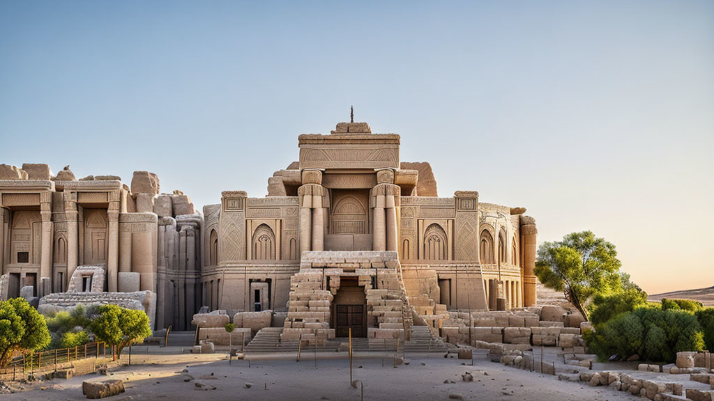 Ancient Egyptian temple complex with grand architecture and carved columns at dusk