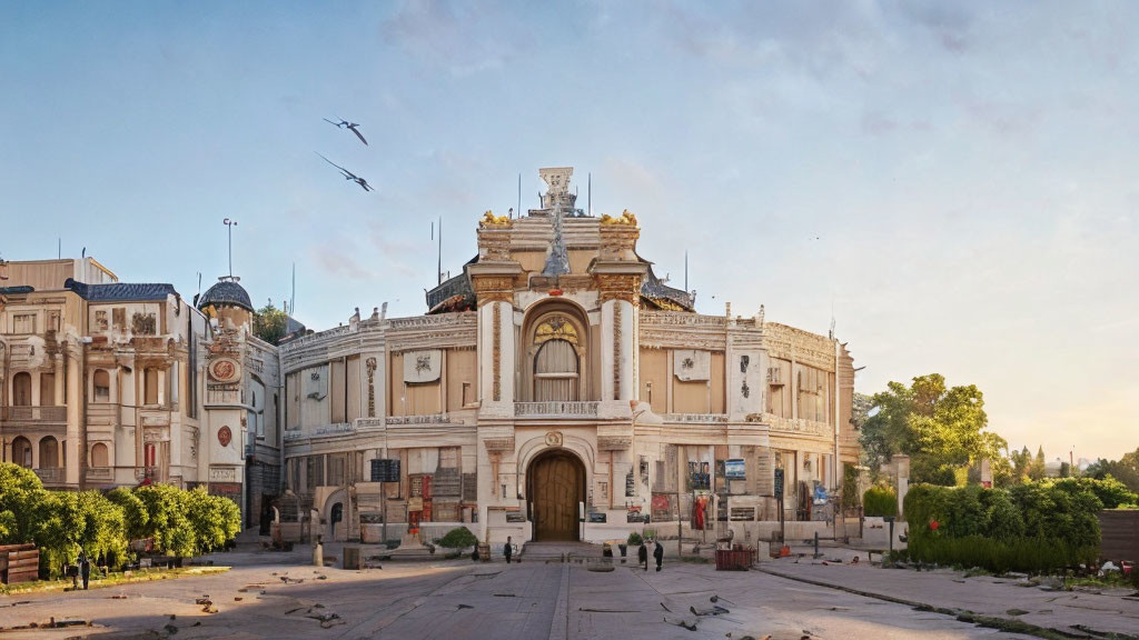 Historic building with ornate decorations under sunny sky and birds in a spacious square