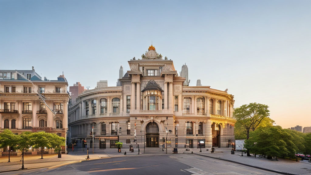 Ornate architecture of grand building with golden statue at urban street corner at sunset