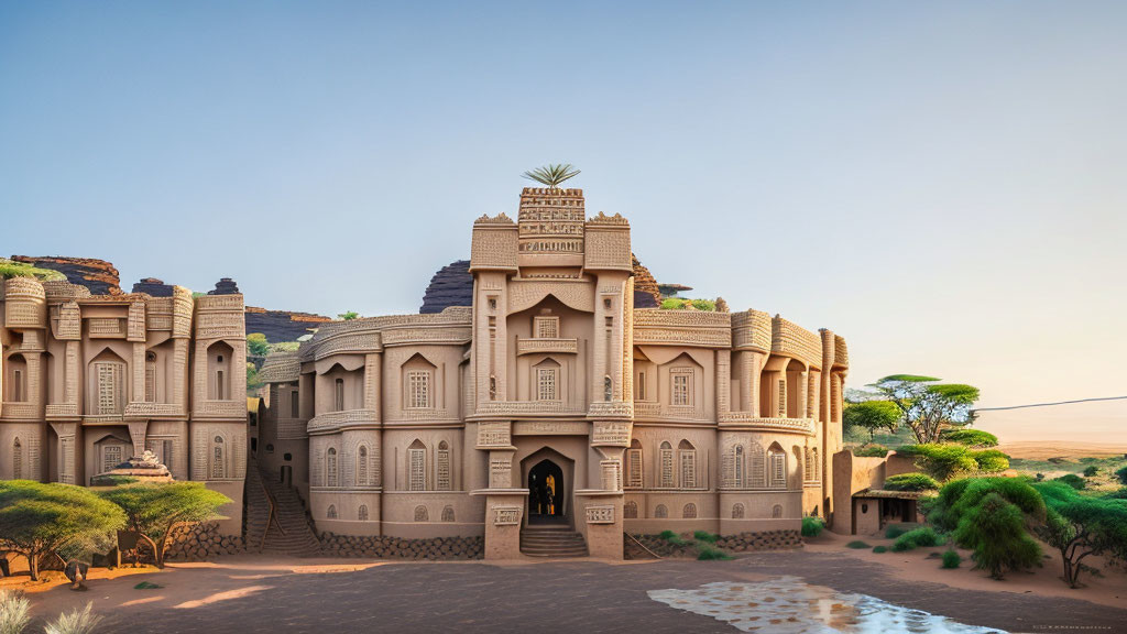 Traditional Mudbrick Palace in Desert Landscape