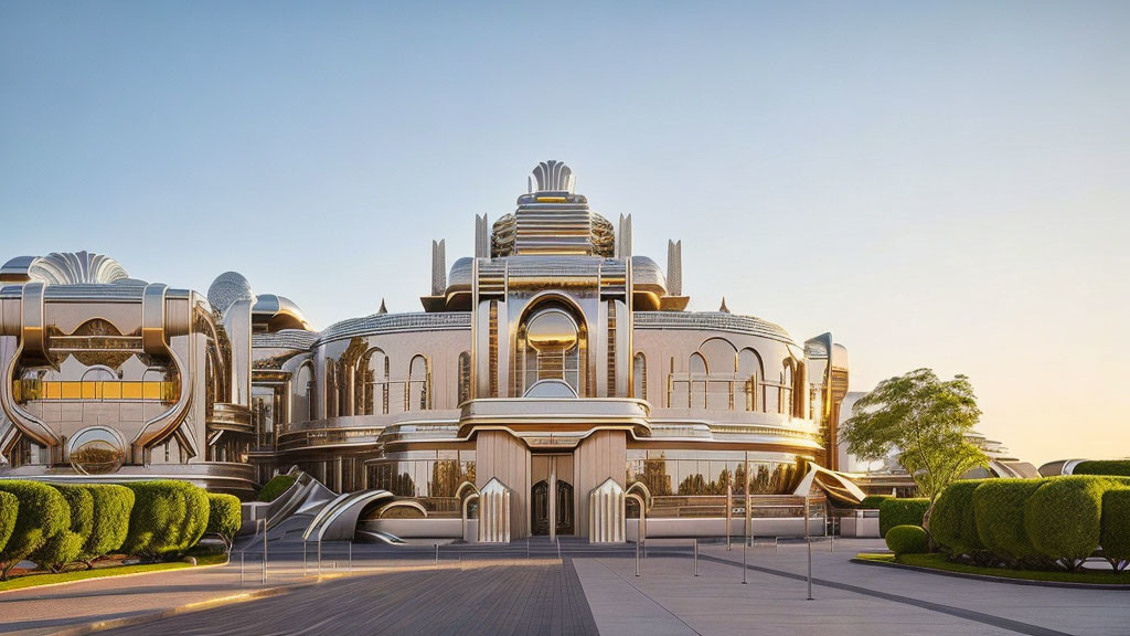 Futuristic Art Deco building with golden sunlight, smooth curves, glass domes, and metallic