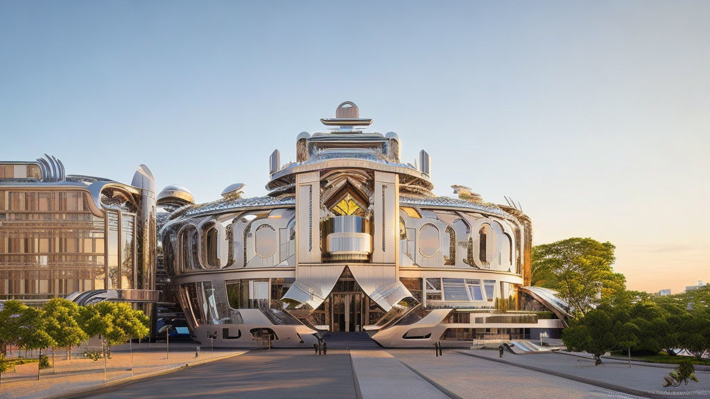 Modern metallic building with rounded design and glass elements in golden hour setting