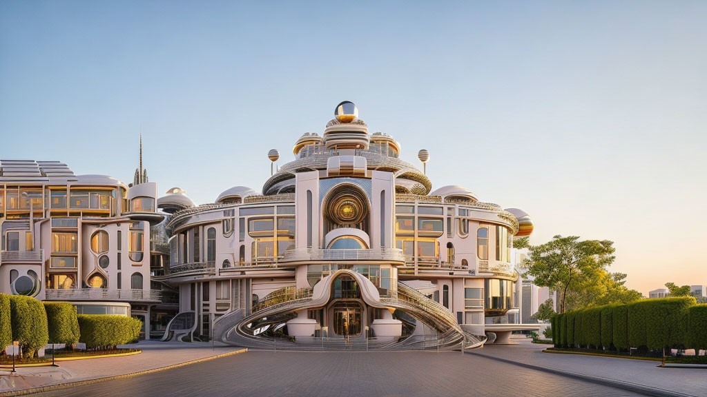 Modern white building with elegant curves, domes, and golden accents at twilight.