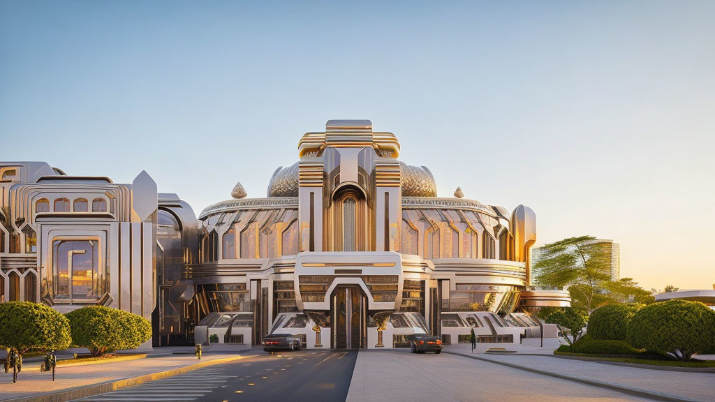 Modern dome architecture with traditional elements and wide entrance steps, people walking under clear dusk sky