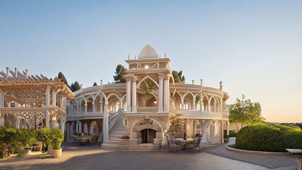 Ornate white balustrades and classical pavilion on elegant terrace at twilight