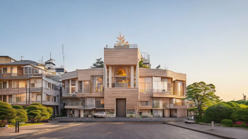 Contemporary building with wooden facade, glass windows, rooftop trees, and surrounding residential structures.