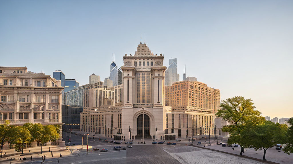 Grand classical-style building surrounded by modern skyscrapers at dusk