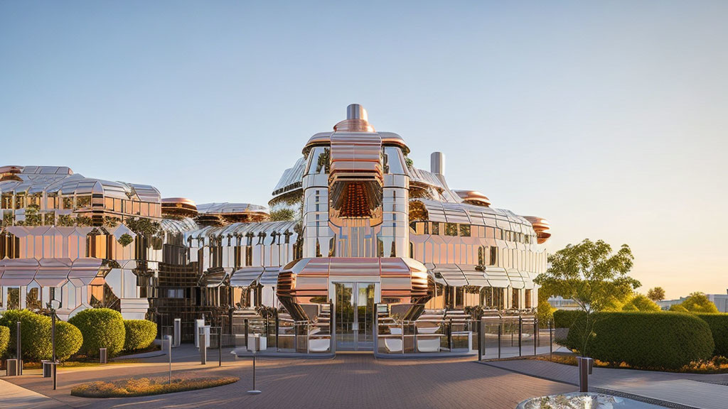 Modern metallic building with circular designs at golden hour