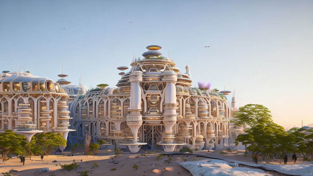 Ornate futuristic building with domes and lush terraces in serene landscape