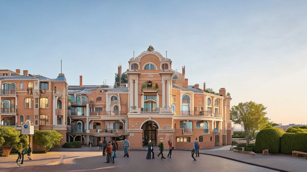 Ochre-toned building with arched windows, grand entrance, trees, and people walking by