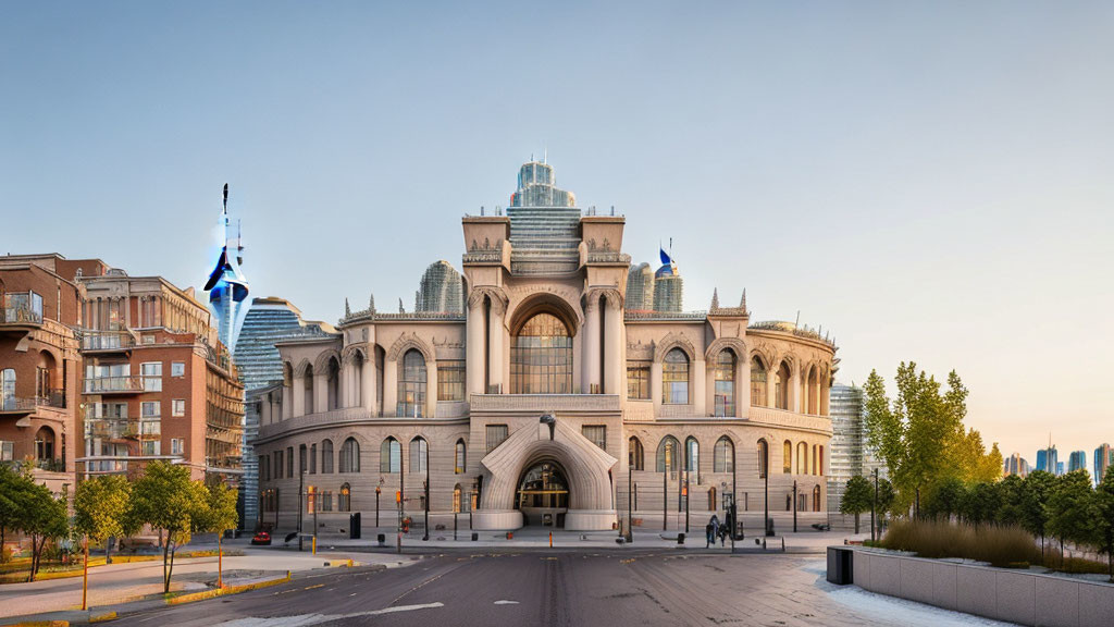 Neoclassical building with central dome and twin towers at dusk