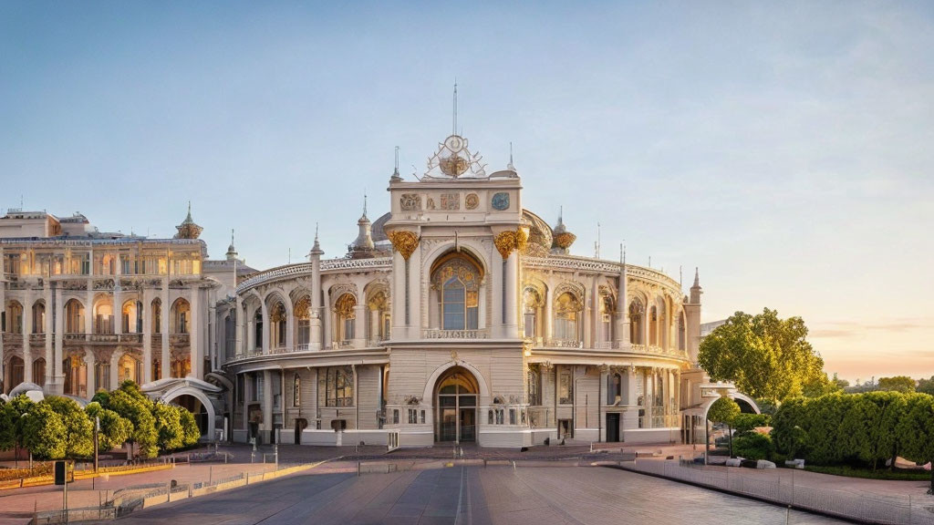 Ornate white building with golden details in open square