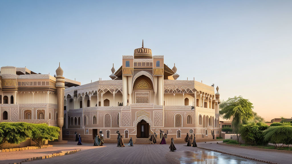 Traditional Palace with Intricate Designs and Arched Doorways under Clear Blue Sky