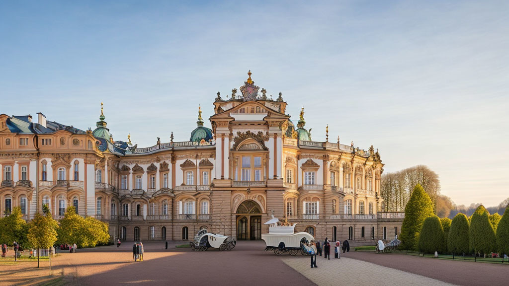 Ornate Baroque-style palace with teal domes, ornamental shrubs, and vintage cannons