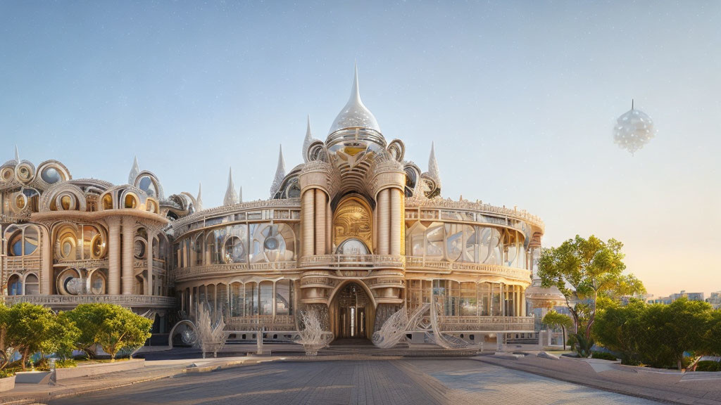 Ornate building with intricate architecture and spires against a clear blue sky