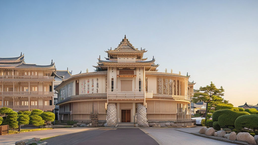 Traditional East Asian Architecture with Multi-Tiered Roof and Elaborate Wooden Facade against Clear D