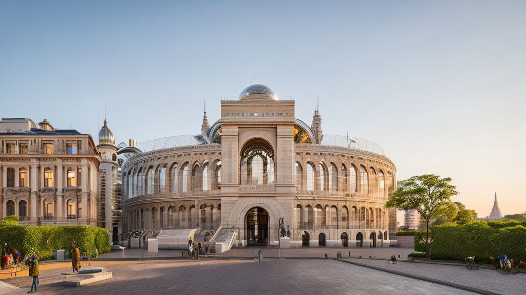 Historical building with central archway, domes, and intricate façades in soft sunlight.