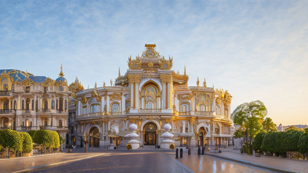 Opulent building with golden embellishments at sunset.