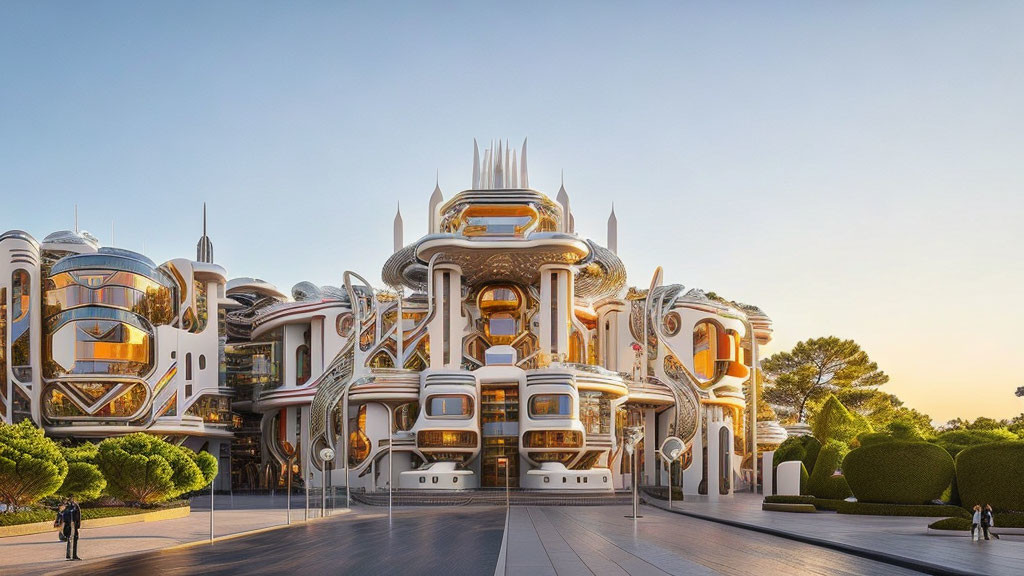 Futuristic architectural complex with golden and white elements and illuminated balconies.