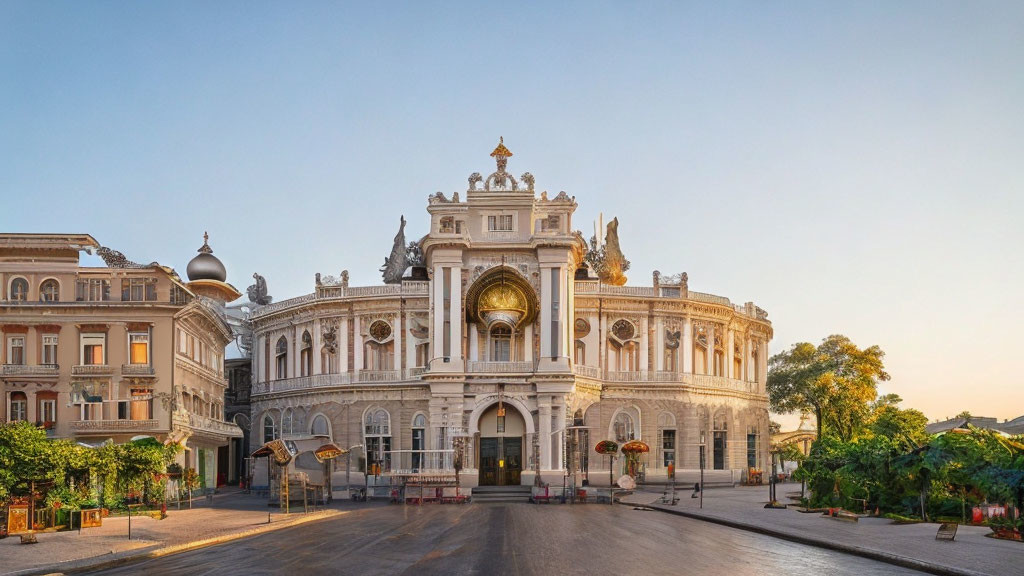 Neoclassical building with clock tower, sculptures, and golden dome at dusk