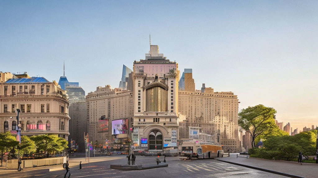 Tranquil cityscape with classic and modern buildings under clear sky