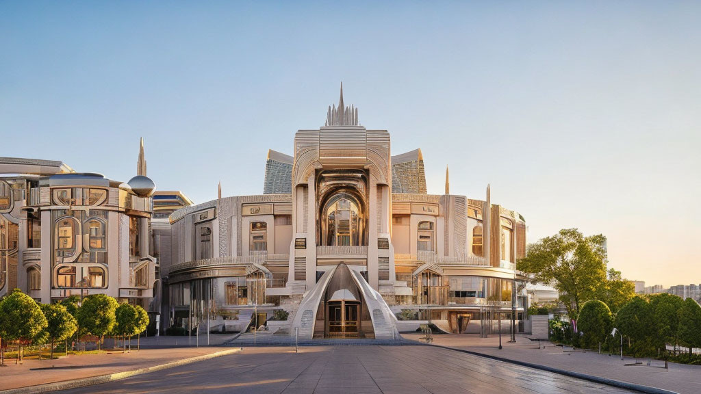 Futuristic Art Deco building with central spire and warm entrance at sunset