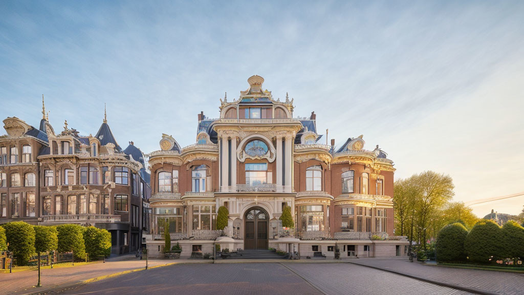 Opulent European-style buildings with ornate facades on deserted street