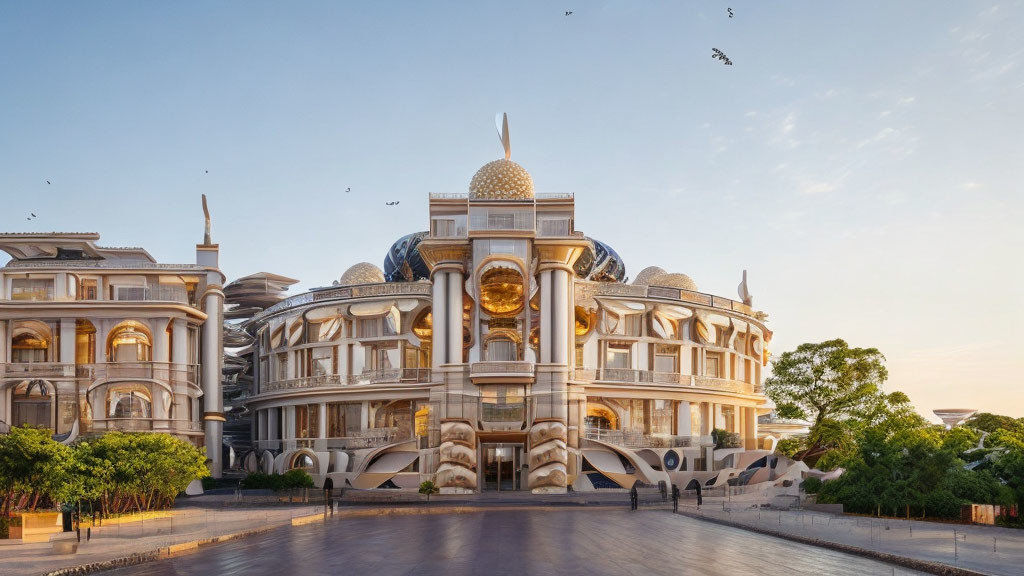 Opulent building with dome and golden centerpiece under clear sky