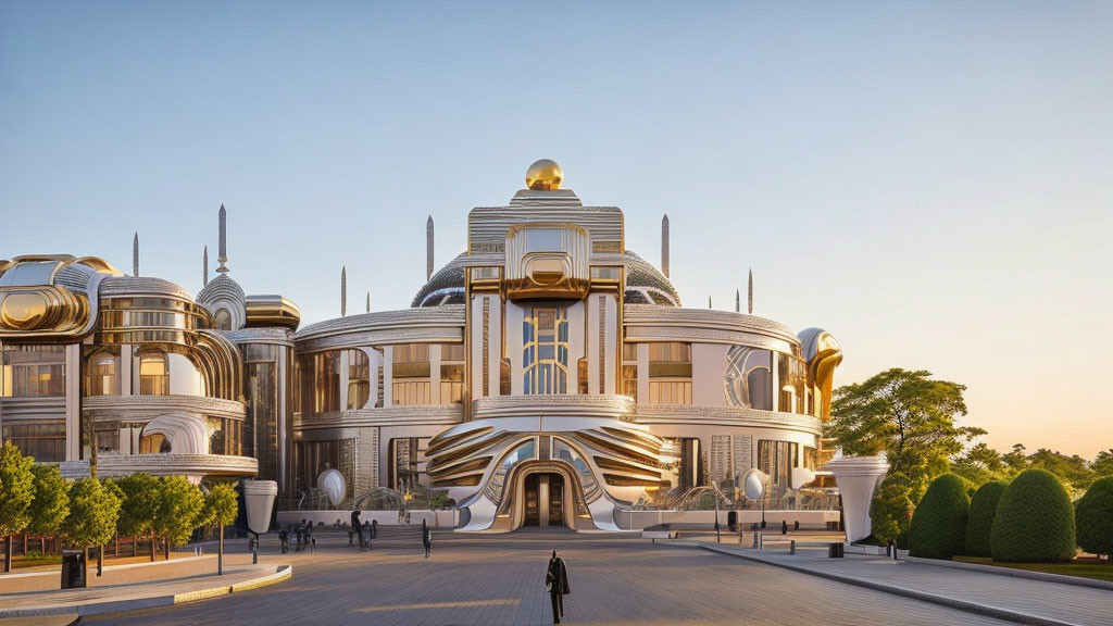 Futuristic building with central dome, gold accents, and swooping lines in natural setting