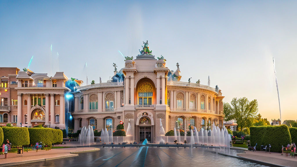 Classical Architecture Building with Statues and Fountains at Twilight