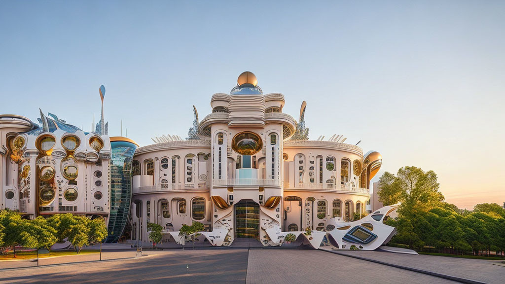 Futuristic white domed building with gold accents against blue sky at dawn or dusk