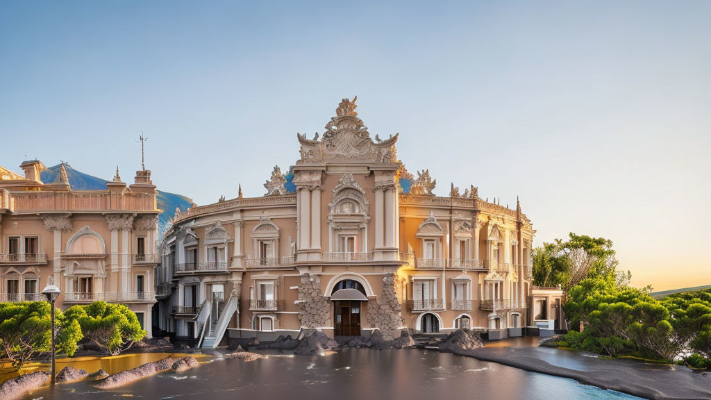 Baroque building with grand entrance by calm water at dusk