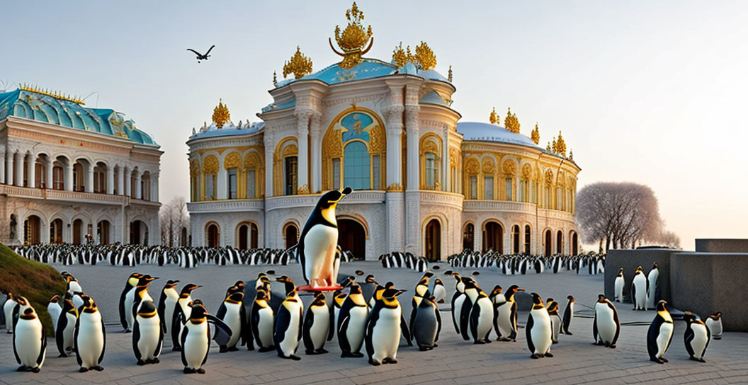 Penguins in front of ornate building with golden details under clear sky
