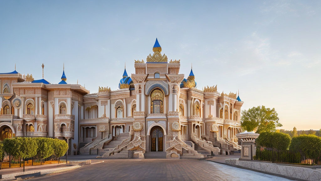 Palace with Blue Domes and Golden Details at Sunrise/Sunset