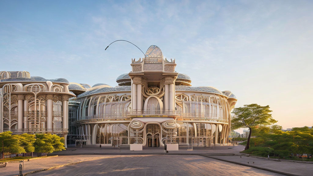 White Facade Building with Arches in Greenery Plaza